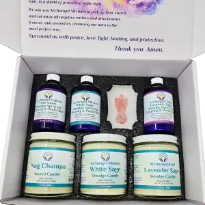 Sacred Angel Gift Set - Archangel Michael, Gabriel & Ariel Sprays, Candles & Rose Quartz Angel Box