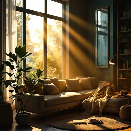 Sunlight streaming through a window into a peaceful, softly lit living room, symbolizing spiritual cleansing and protection