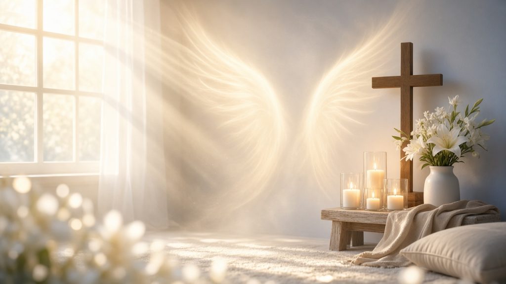 Bright Christian prayer space with wooden cross, white lilies, soft candlelight, and glowing angel wings of light for Michaelmas
